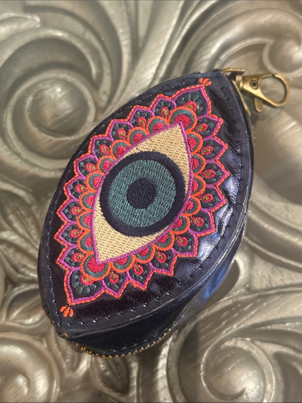 Eye Coin Embroidered Pouch Keychain Evil Eye Pink & Teal Accents